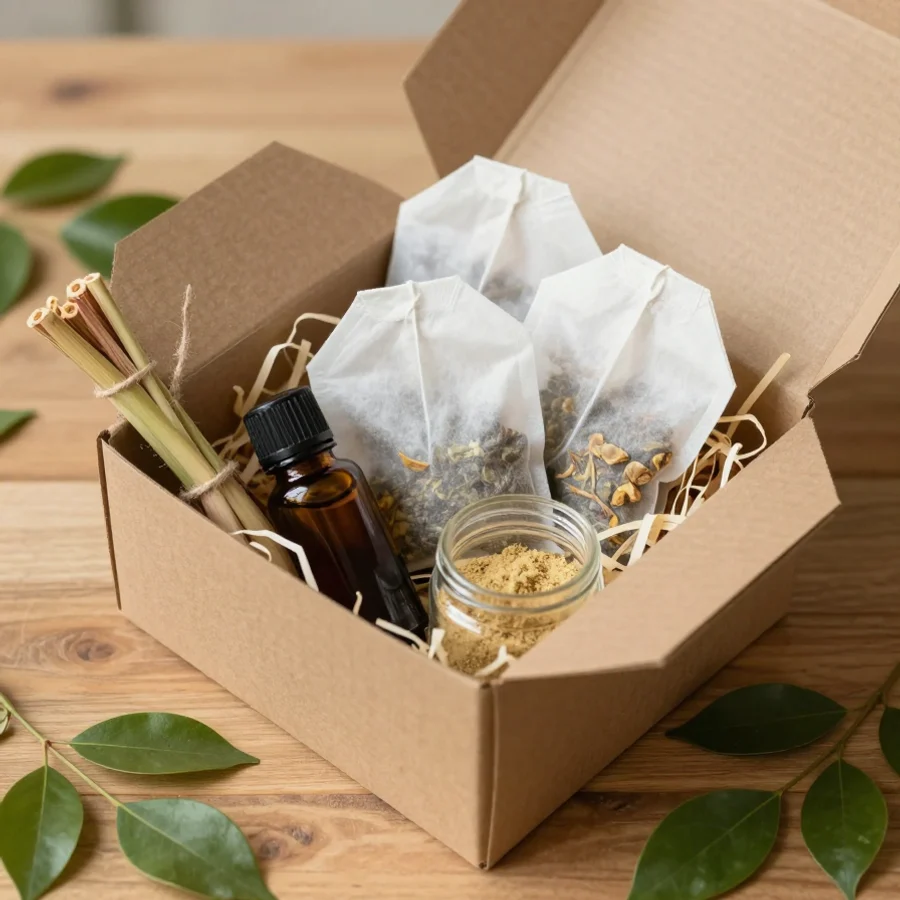 Paket hadiah herbal dalam kotak kraft terbuka; foto stok