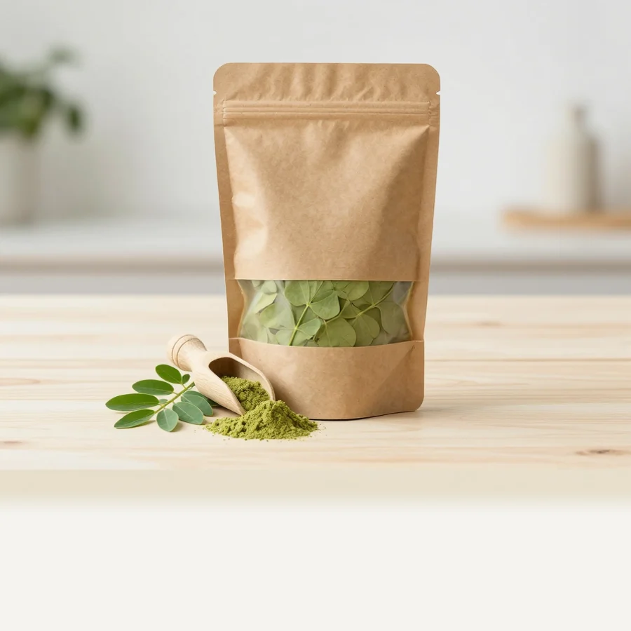 Pouch serbuk kelor di meja racik; foto stok