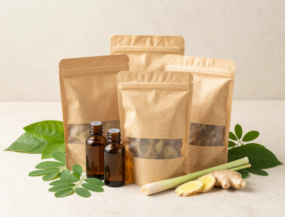 Kemasan pouch dan botol herbal di sekitar daun segar; foto stok