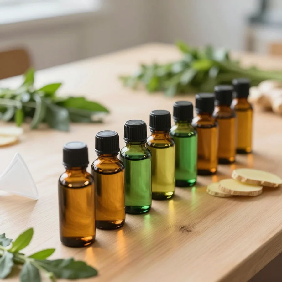 Deretan botol minyak herbal di meja racik; foto stok