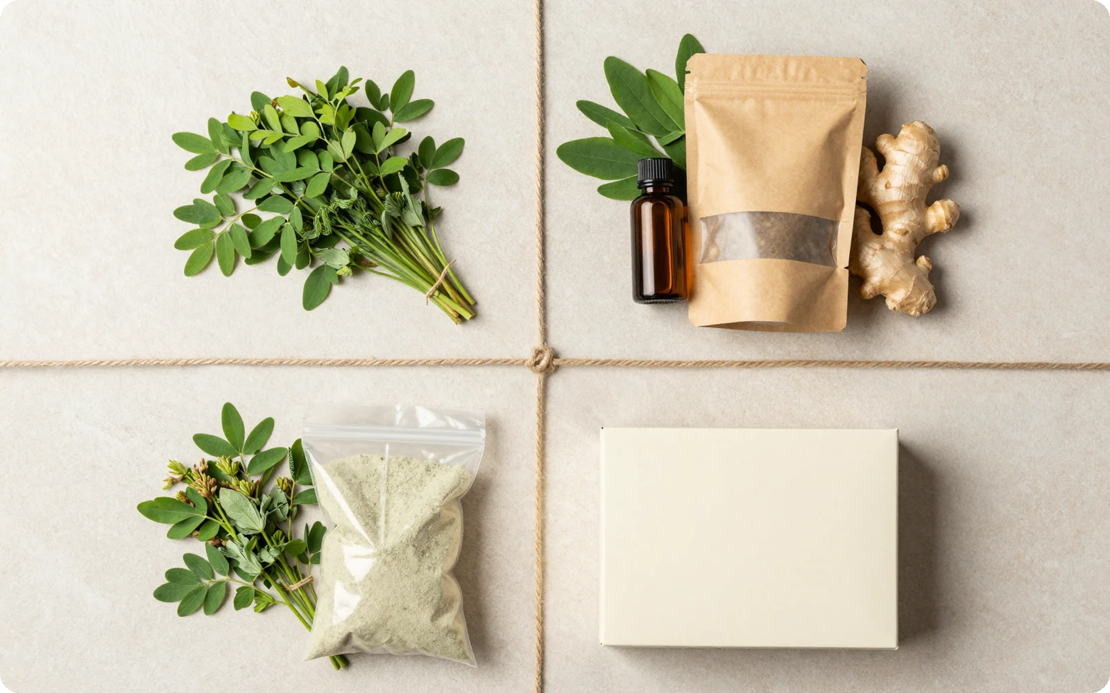 Diagram kuadran bahan alami terhadap kemasan rapi; Herbalin di celah pasar