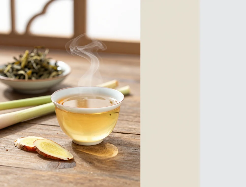 Teh herbal diseduh dalam cangkir di meja kayu; foto stok