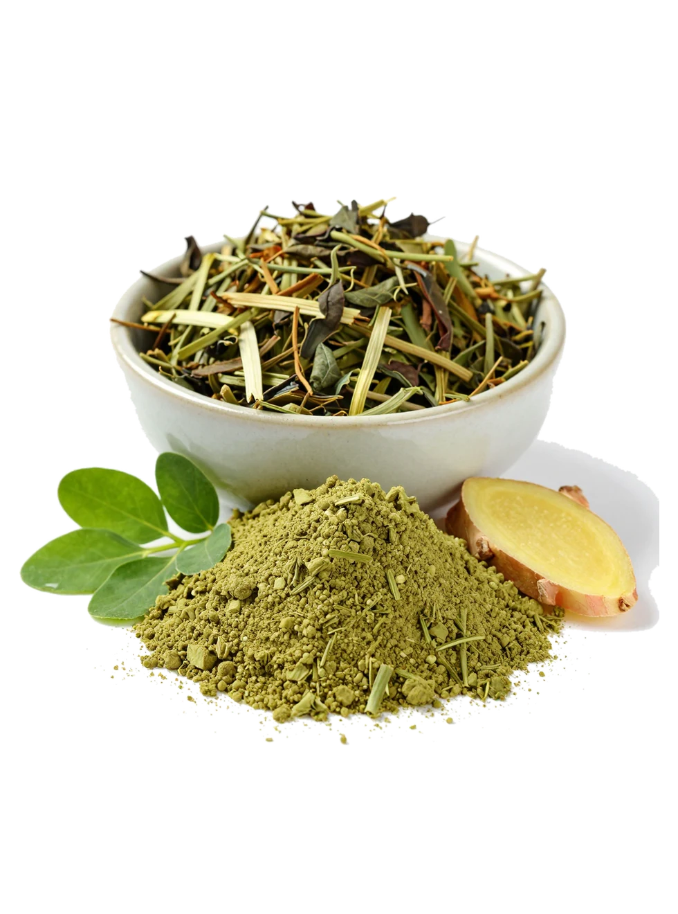 Racikan teh herbal dan serbuk kelor dengan anotasi; foto stok ilustrasi